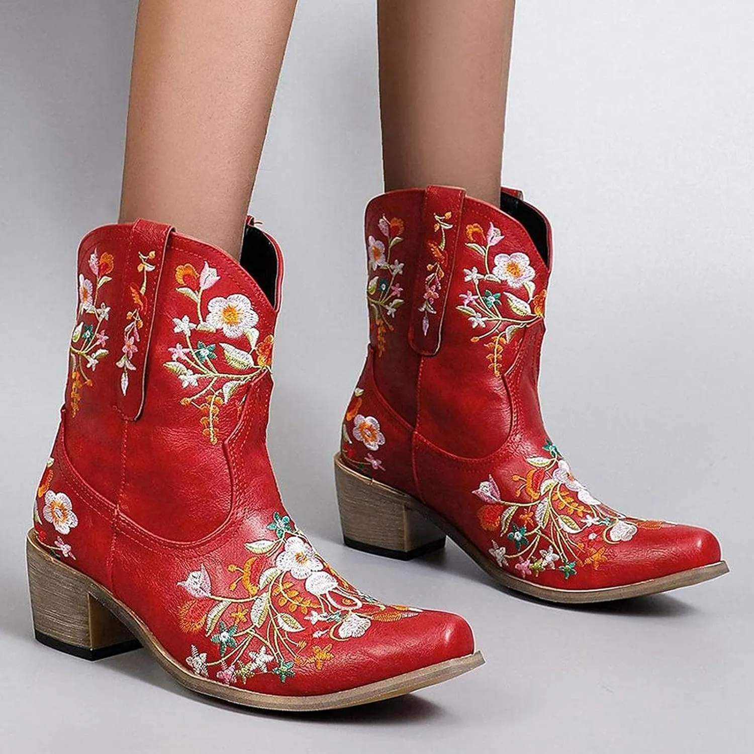 Boots for Women Fashion Embroidered Cowboy Soft Womens Boots PU Leather Short Heel Solid Color Cozy Ankle Boots