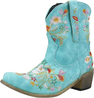 Boots for Women Fashion Embroidered Cowboy Soft Womens Boots PU Leather Short Heel Solid Color Cozy Ankle Boots