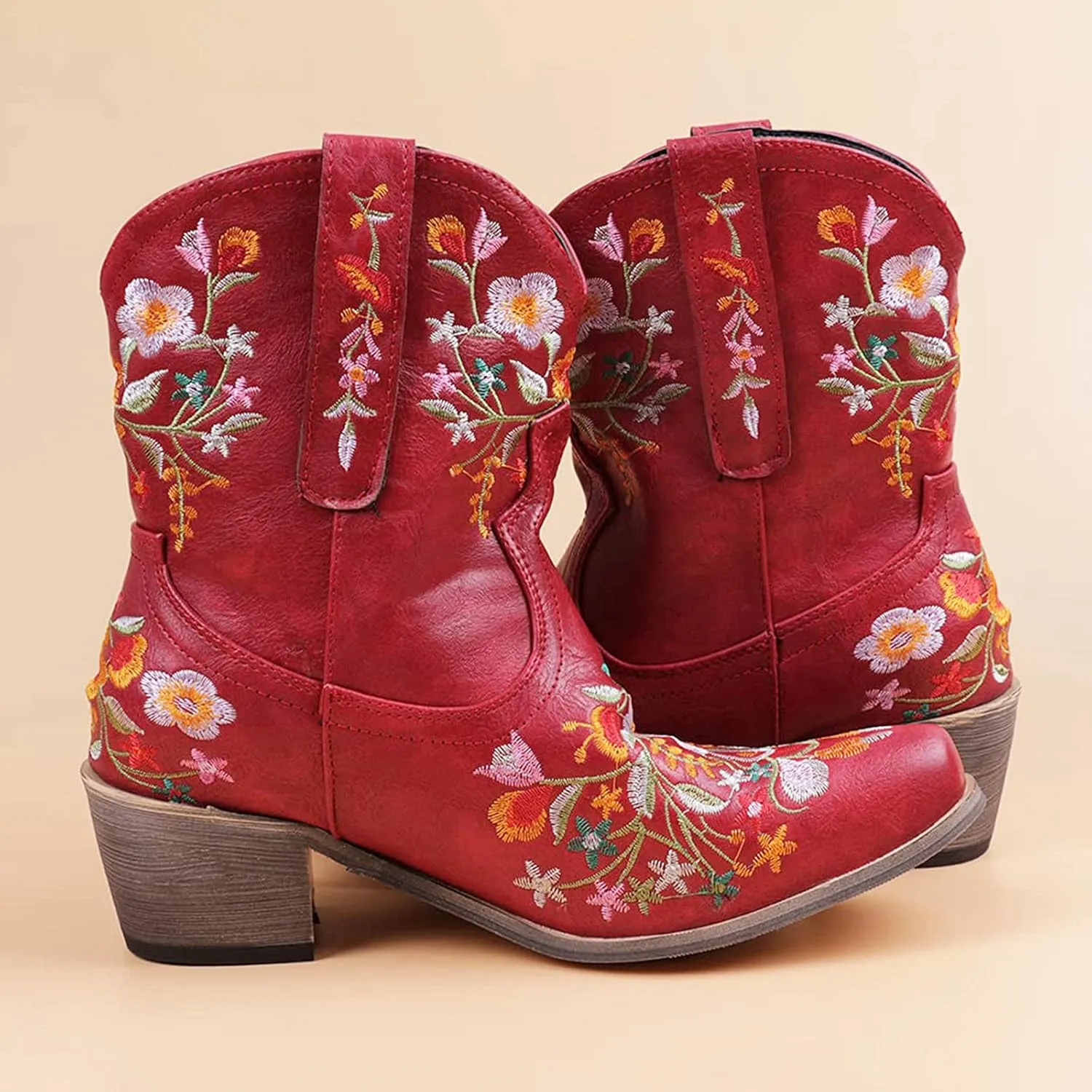 Boots for Women Fashion Embroidered Cowboy Soft Womens Boots PU Leather Short Heel Solid Color Cozy Ankle Boots