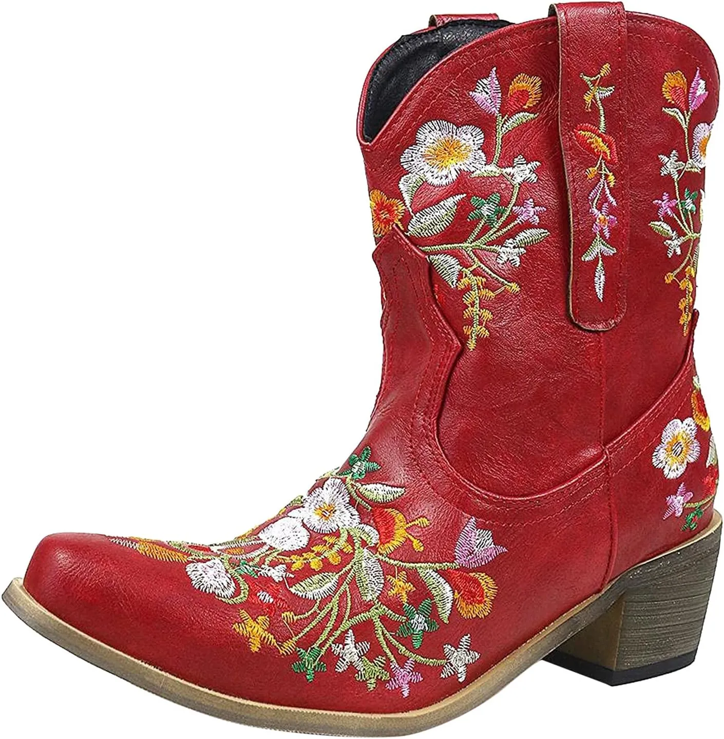 Boots for Women Fashion Embroidered Cowboy Soft Womens Boots PU Leather Short Heel Solid Color Cozy Ankle Boots