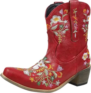 Boots for Women Fashion Embroidered Cowboy Soft Womens Boots PU Leather Short Heel Solid Color Cozy Ankle Boots