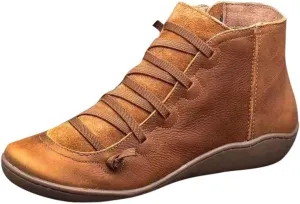 Boots for Women Retro Leather Round Toe Lace up Side Zipper Womens Boots Flat Soft Comfortable Winter Boots for Women