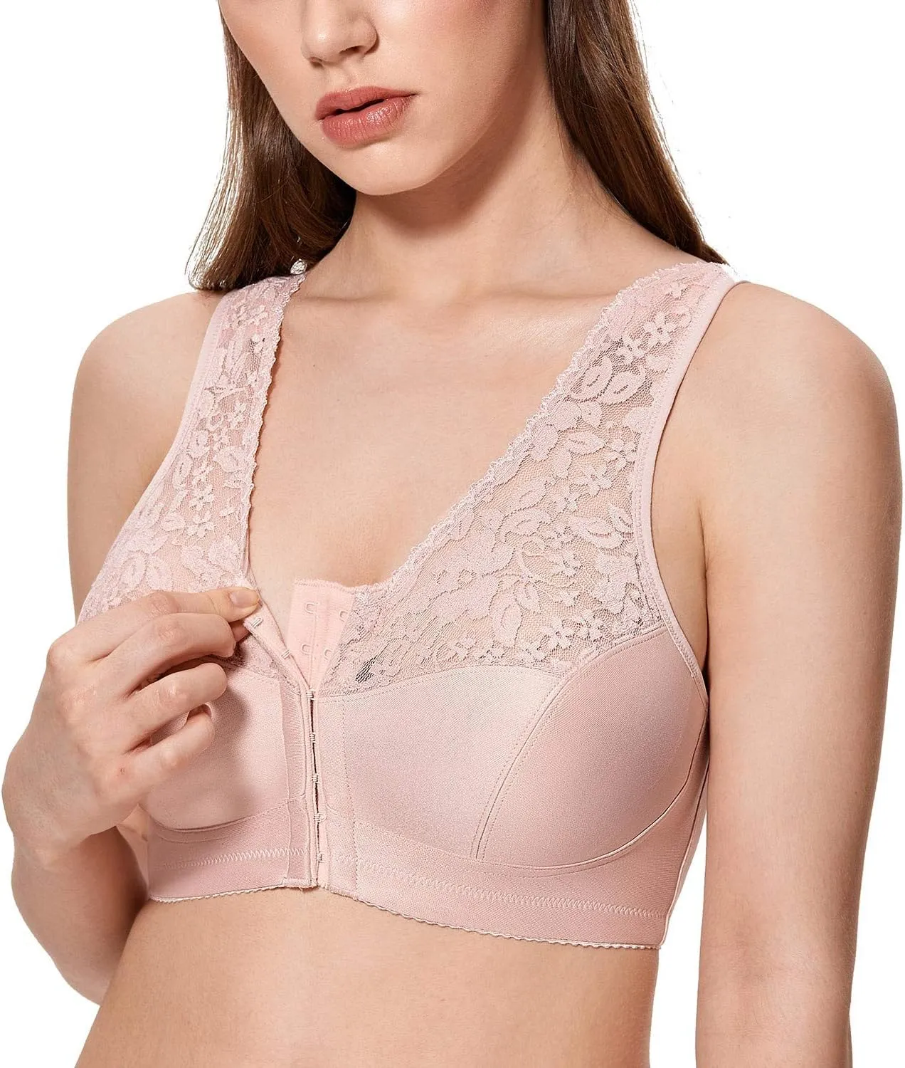 CALVENA Women's Front Closure Bra Full Coverage Wirefree Lace Plus Size Bra Racerback