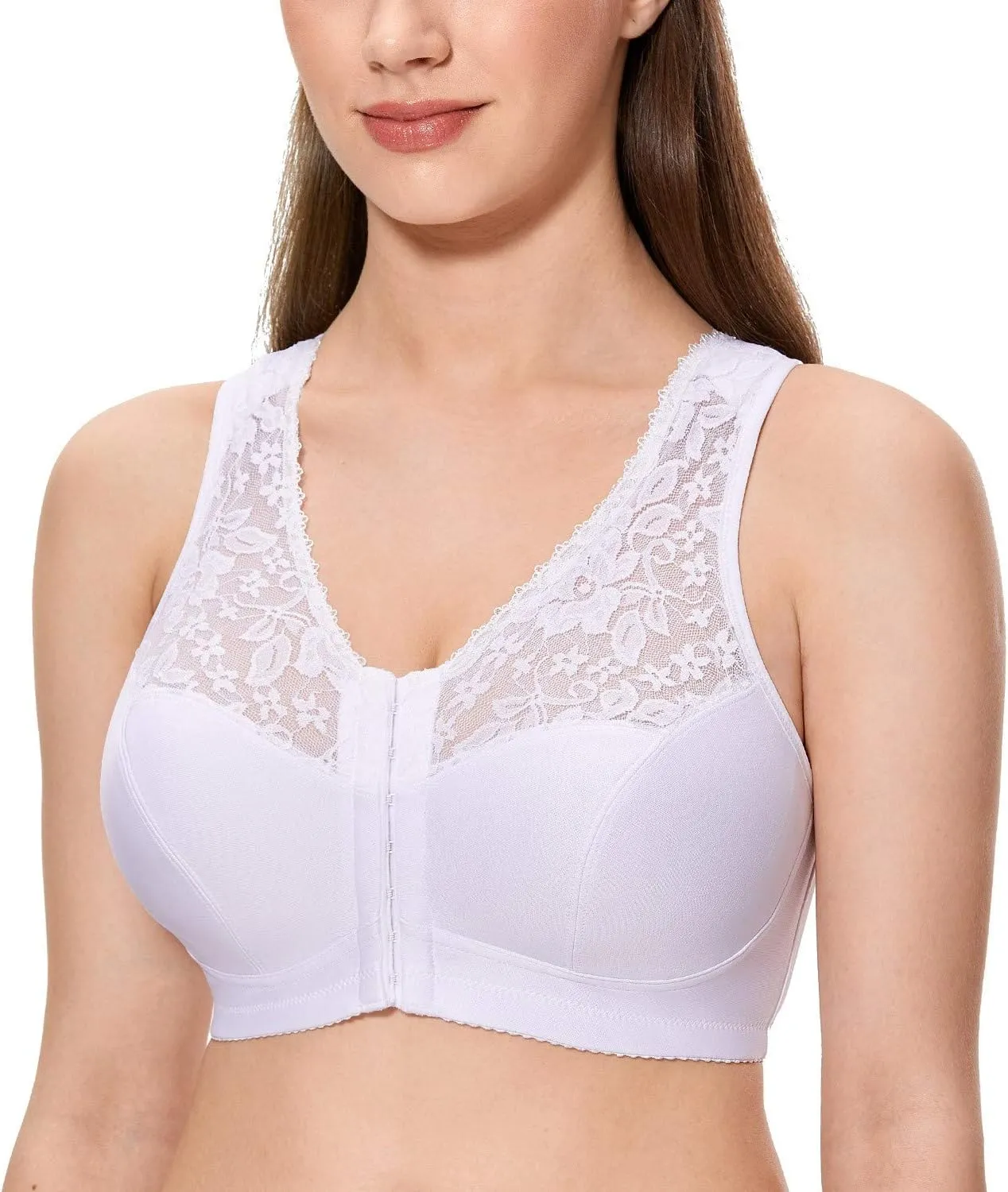 CALVENA Women's Front Closure Bra Full Coverage Wirefree Lace Plus Size Bra Racerback