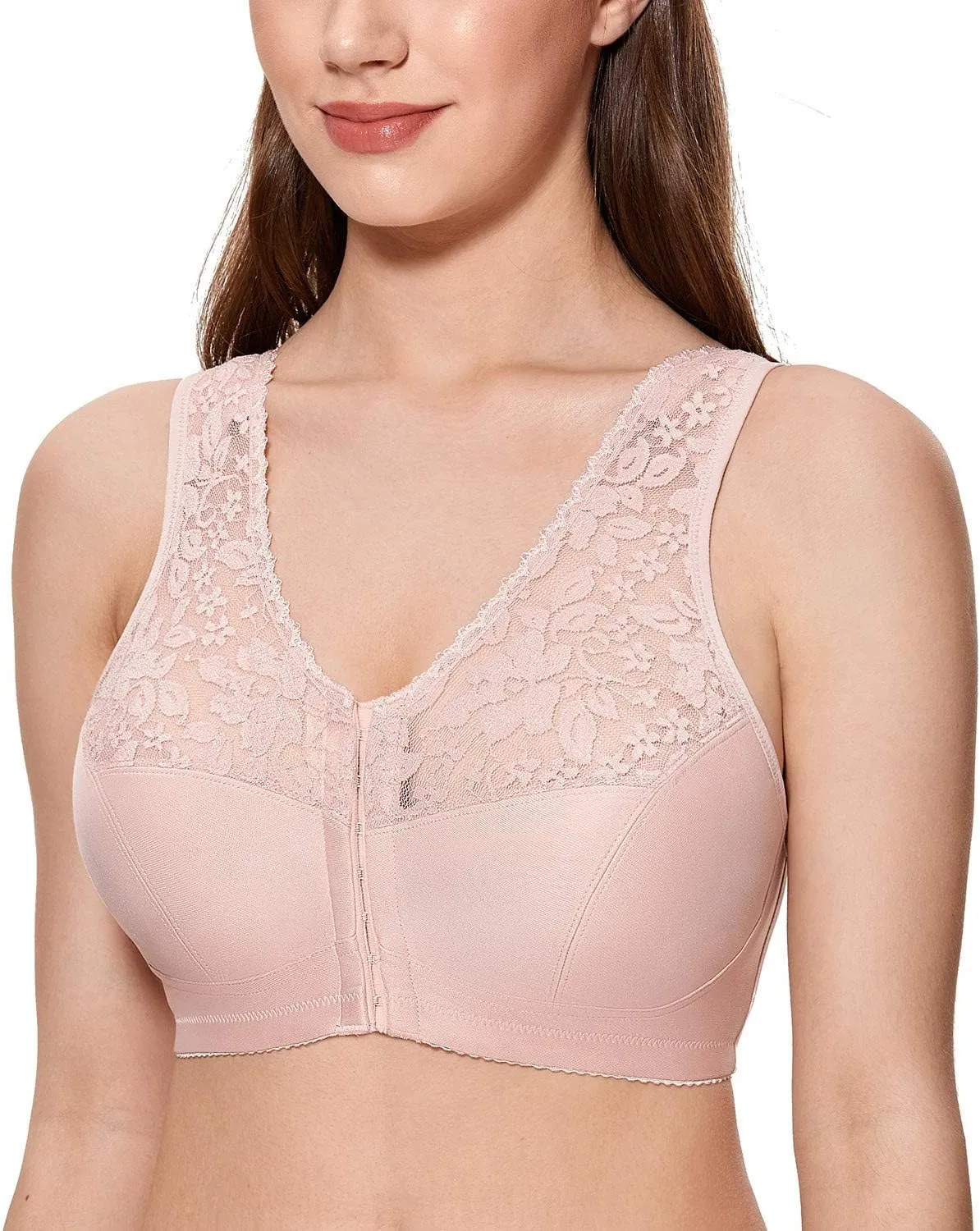 CALVENA Women's Front Closure Bra Full Coverage Wirefree Lace Plus Size Bra Racerback