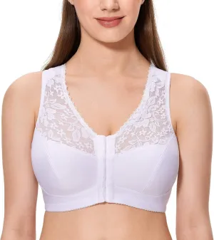 CALVENA Women's Front Closure Bra Full Coverage Wirefree Lace Plus Size Bra Racerback