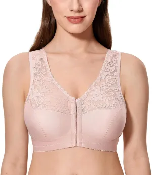 CALVENA Women's Front Closure Bra Full Coverage Wirefree Lace Plus Size Bra Racerback