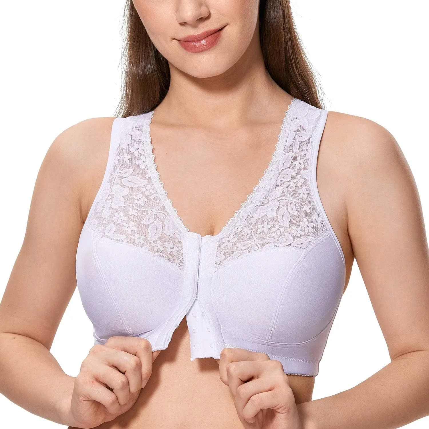 CALVENA Women's Front Closure Bra Full Coverage Wirefree Lace Plus Size Bra Racerback