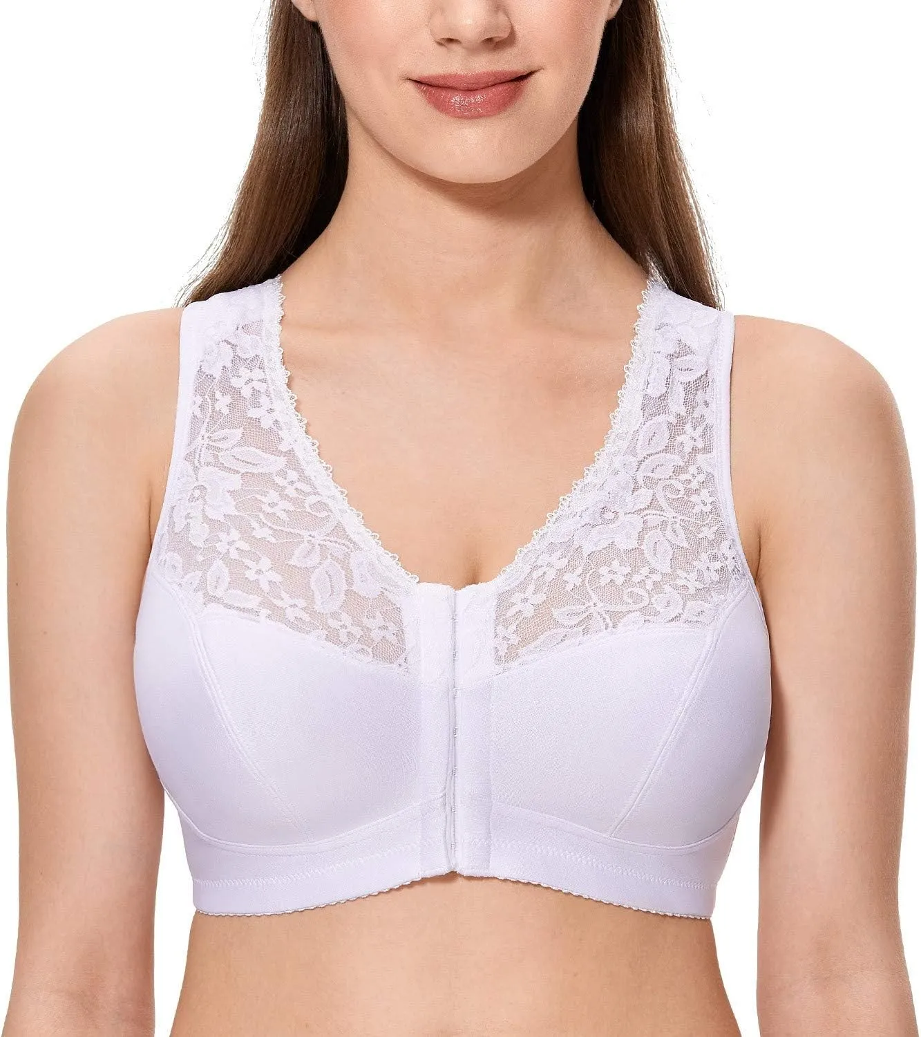 CALVENA Women's Front Closure Bra Full Coverage Wirefree Lace Plus Size Bra Racerback
