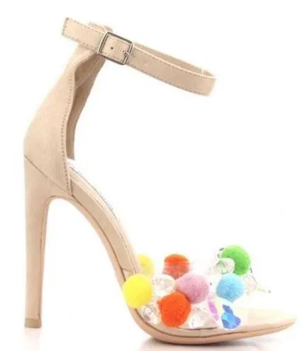 Cape Robbin Yuki-18 Nude Multi Color Pom Pom Open Toe High Heel Ankle Strap Pump