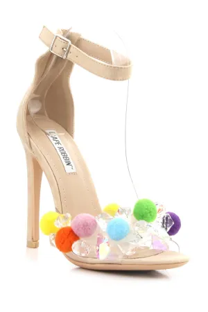 Cape Robbin Yuki-18 Nude Multi Color Pom Pom Open Toe High Heel Ankle Strap Pump