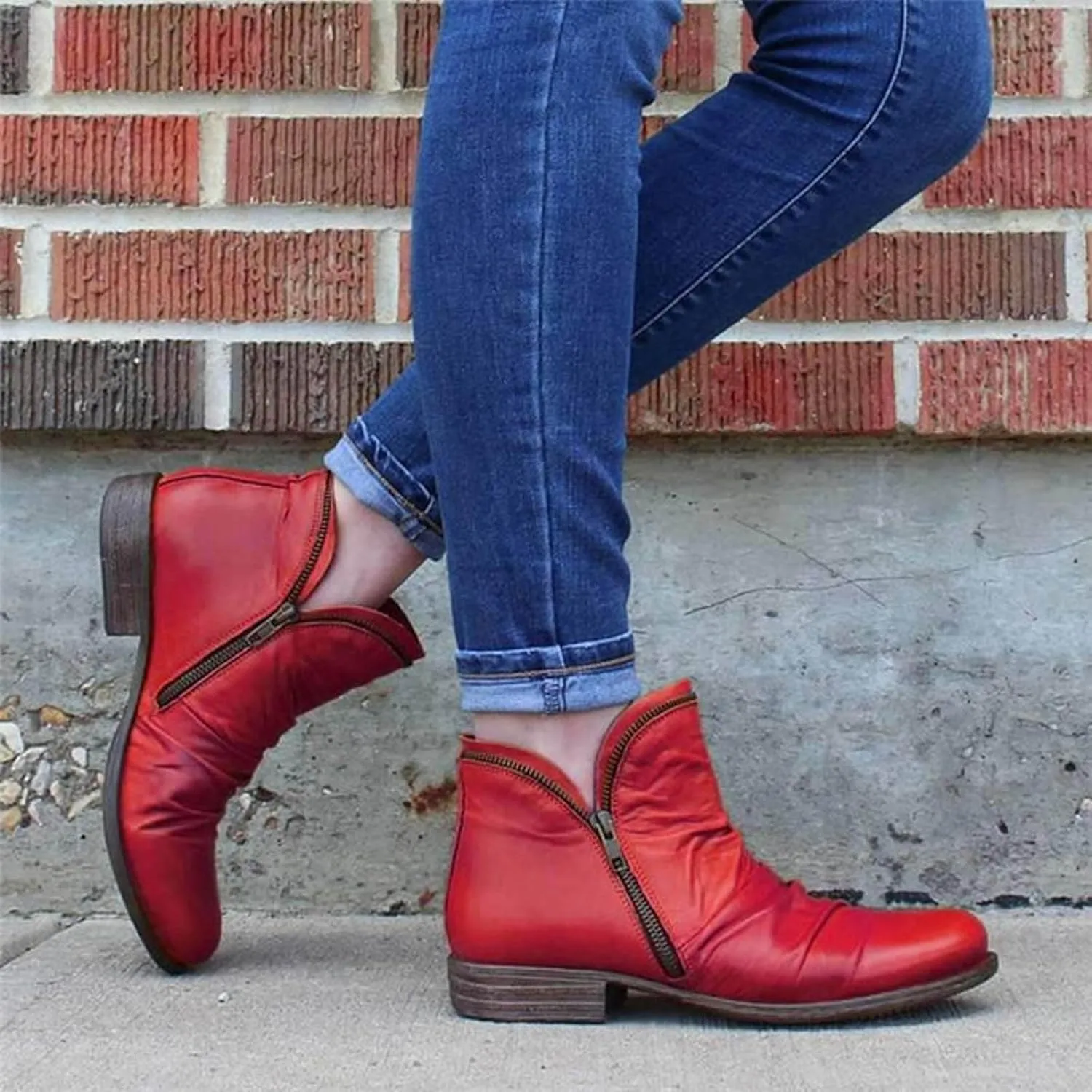 Cathalem Ankle Boots for Women Low Heel Booties Arch Support Boots Lace Up Side Zipper Short Ankle Booties Casual Fall Shoes