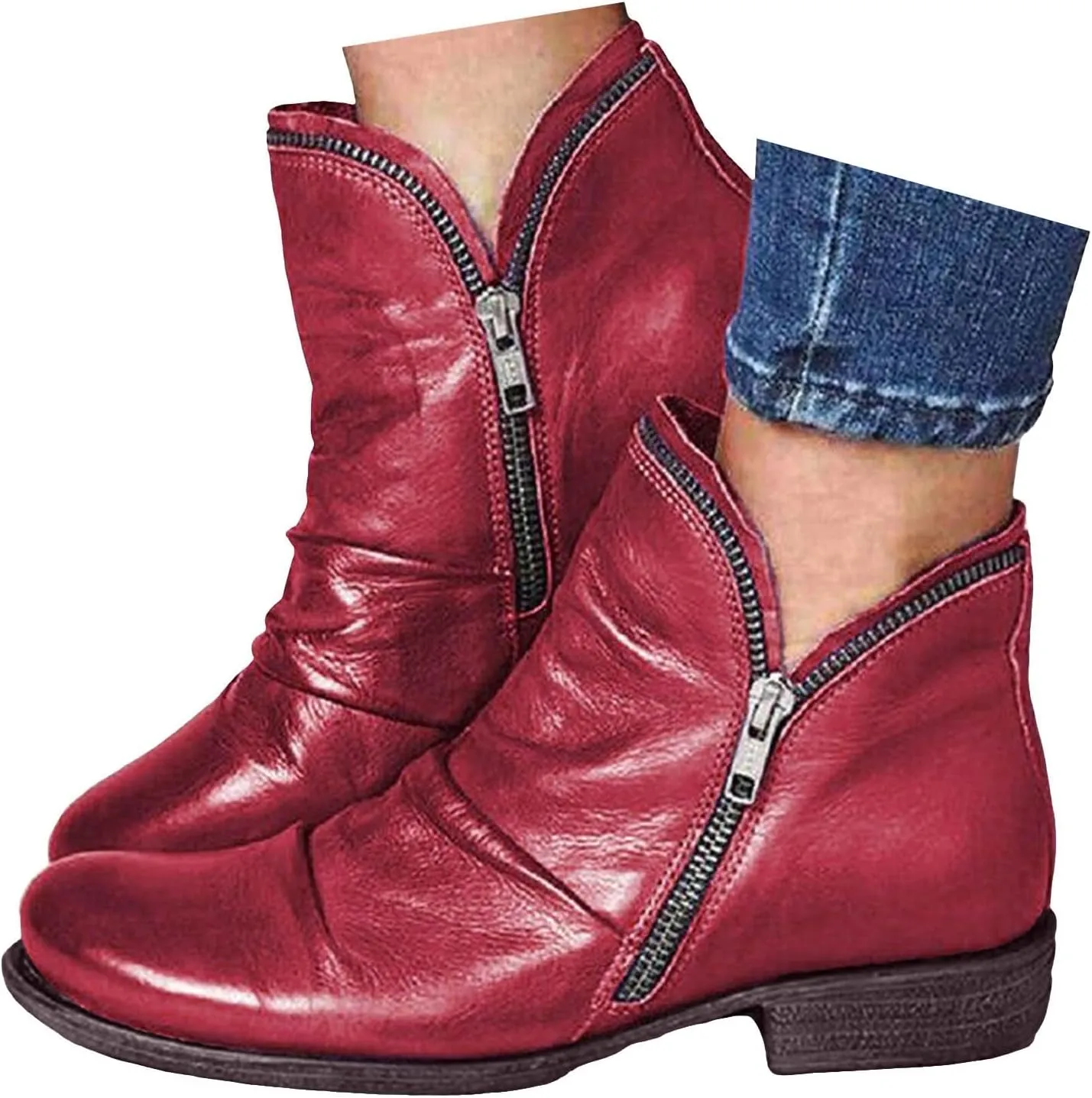 Cathalem Ankle Boots for Women Low Heel Booties Arch Support Boots Lace Up Side Zipper Short Ankle Booties Casual Fall Shoes