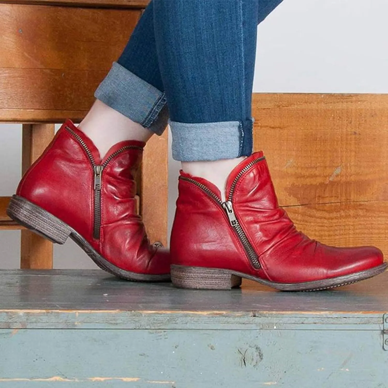 Cathalem Ankle Boots for Women Low Heel Booties Arch Support Boots Lace Up Side Zipper Short Ankle Booties Casual Fall Shoes