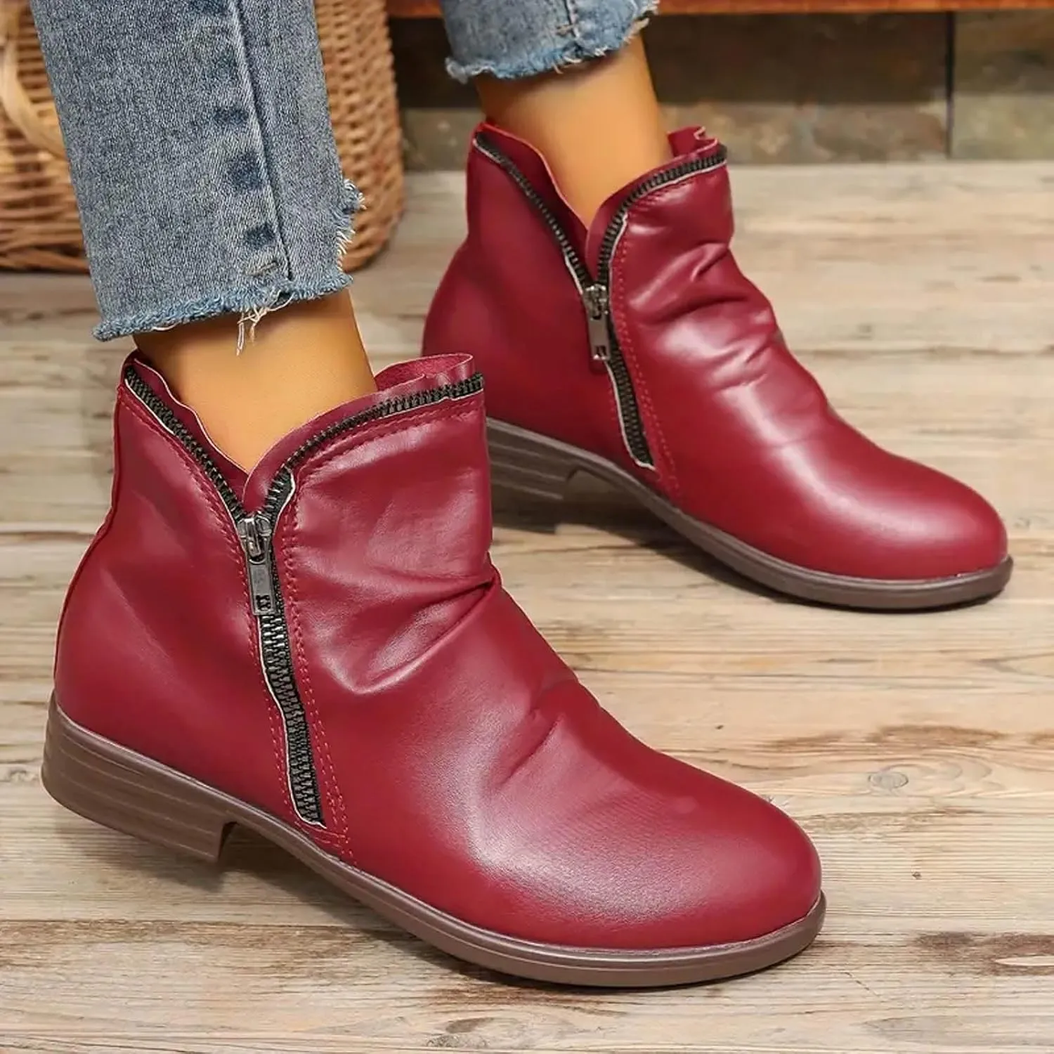 Cathalem Ankle Boots for Women Low Heel Booties Arch Support Boots Lace Up Side Zipper Short Ankle Booties Casual Fall Shoes