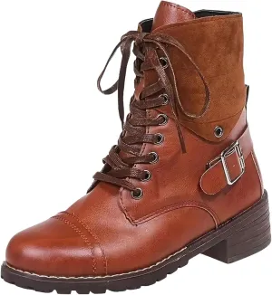 Cathalem Boots for Women Low Heel, Combat Style Hiking Boots Motorcycle Boots Classic Lace Up Shoes Retro Shoes