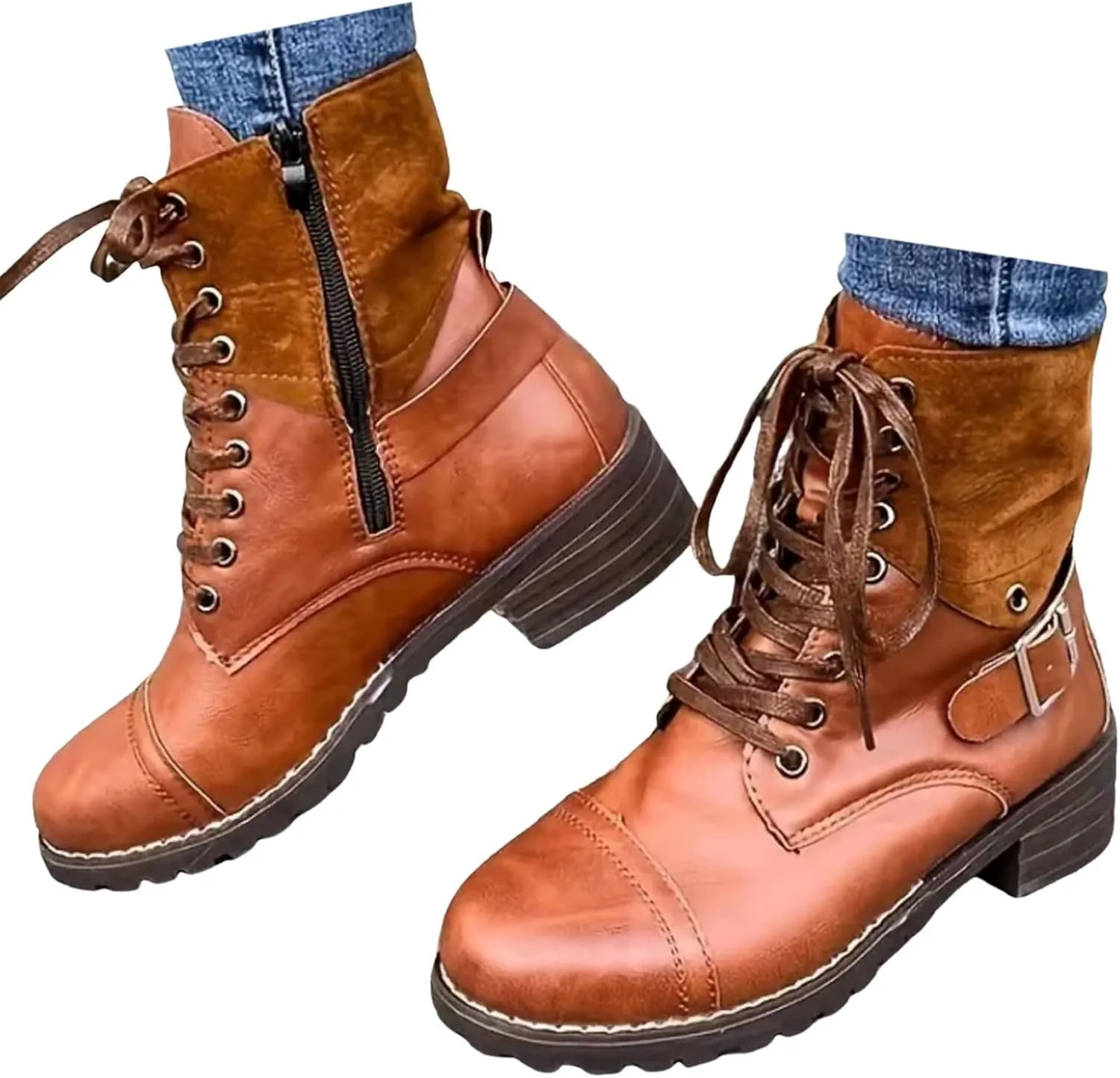 Cathalem Boots for Women Low Heel, Combat Style Hiking Boots Motorcycle Boots Classic Lace Up Shoes Retro Shoes