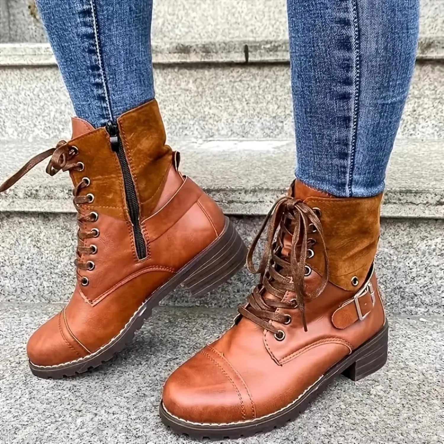 Cathalem Boots for Women Low Heel, Combat Style Hiking Boots Motorcycle Boots Classic Lace Up Shoes Retro Shoes