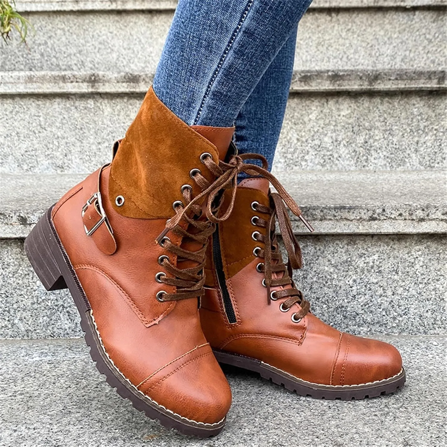 Cathalem Boots for Women Low Heel, Combat Style Hiking Boots Motorcycle Boots Classic Lace Up Shoes Retro Shoes