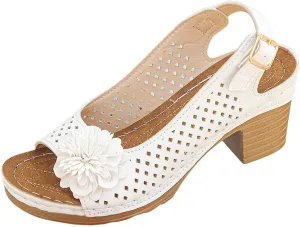 Chunky Heels Flower Sandals for Women 2025 Summer Open Toe Ankle Strap High Heel Sandals, Hollow Flowers Breathable Sandal Fish Mouth Open Toe Slippers with Arch Support