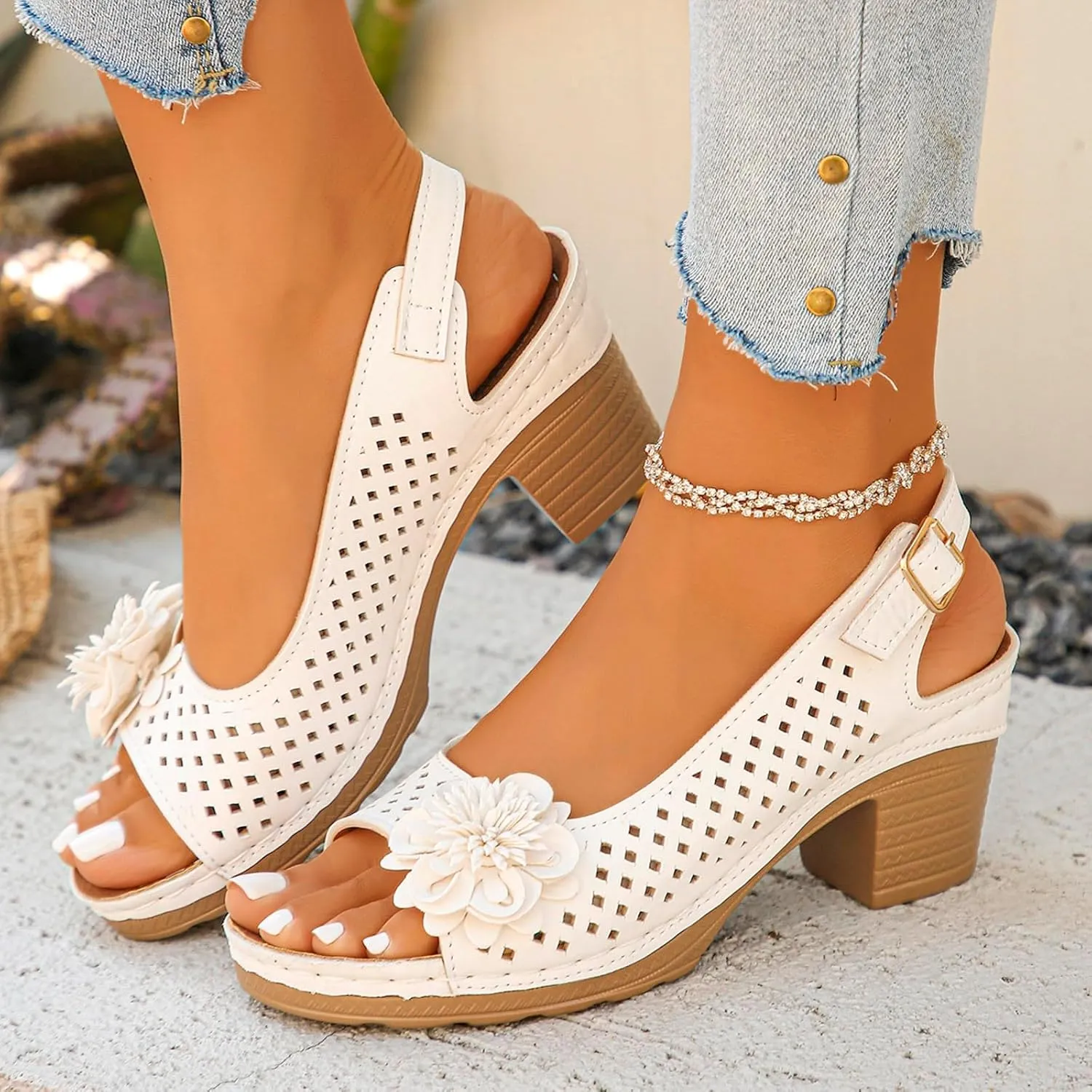Chunky Heels Flower Sandals for Women 2025 Summer Open Toe Ankle Strap High Heel Sandals, Hollow Flowers Breathable Sandal Fish Mouth Open Toe Slippers with Arch Support