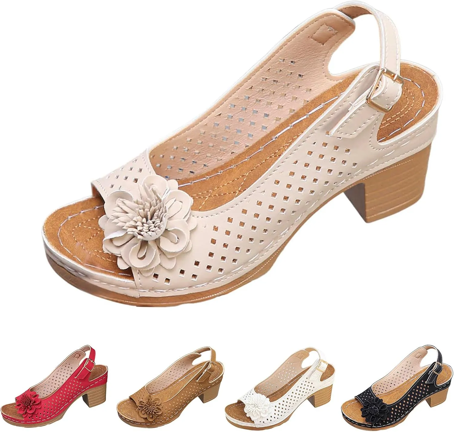 Chunky Heels Flower Sandals for Women 2025 Summer Open Toe Ankle Strap High Heel Sandals, Hollow Flowers Breathable Sandal Fish Mouth Open Toe Slippers with Arch Support