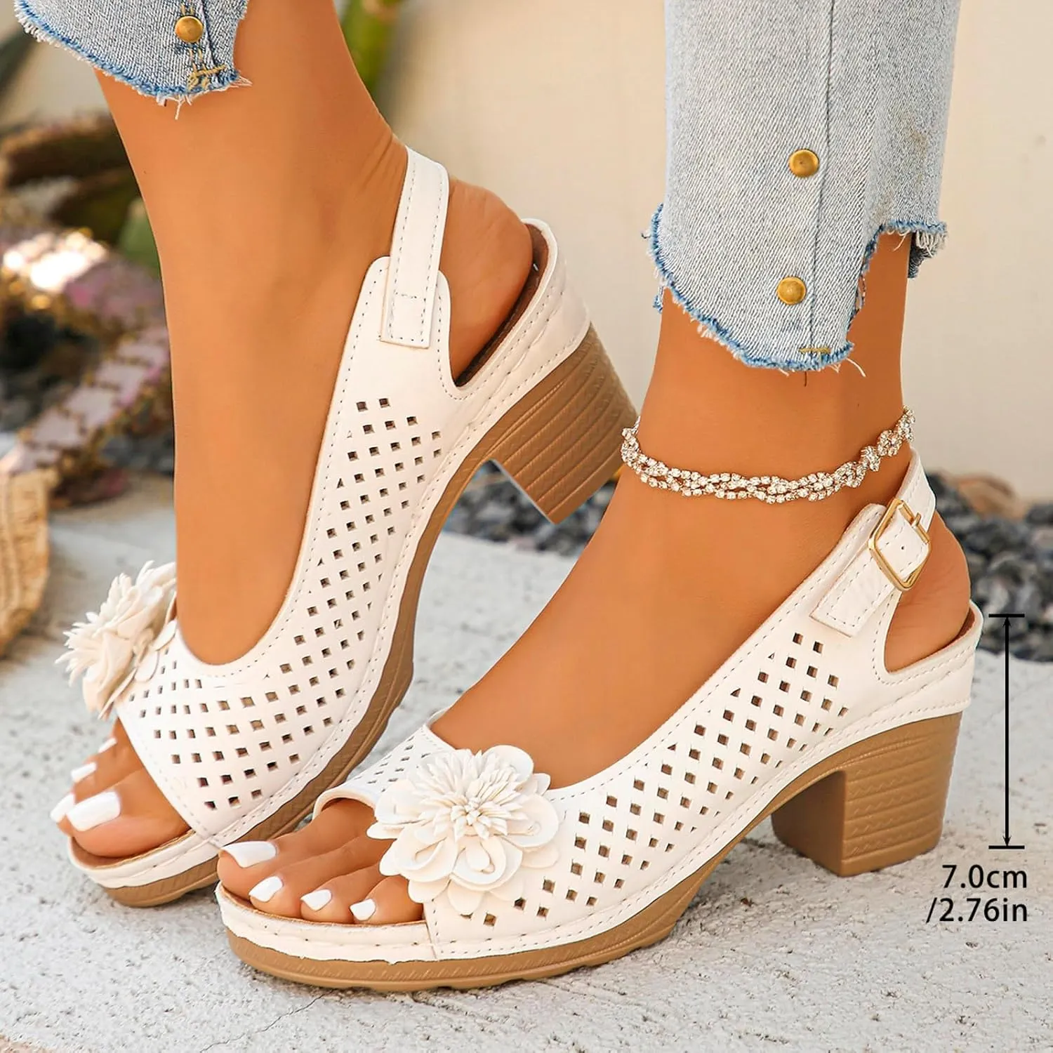 Chunky Heels Flower Sandals for Women 2025 Summer Open Toe Ankle Strap High Heel Sandals, Hollow Flowers Breathable Sandal Fish Mouth Open Toe Slippers with Arch Support