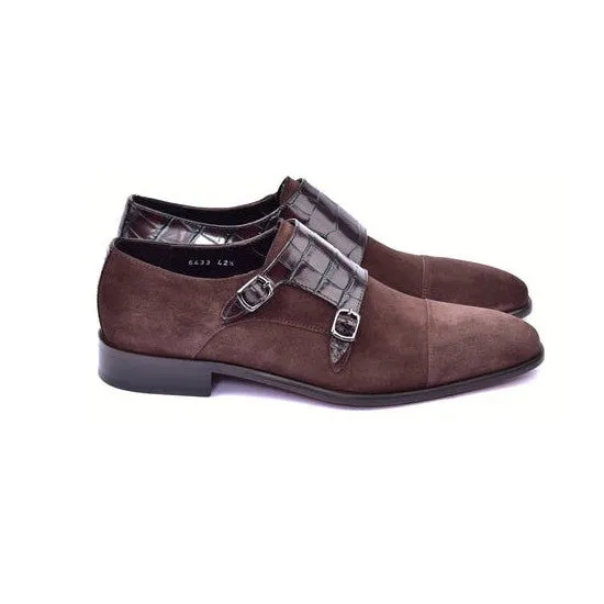 Corrente C00016-6433 Men's Shoes Brown Crocodile Print / Suede Leather Double Monk-Straps Loafers (CRT1489)