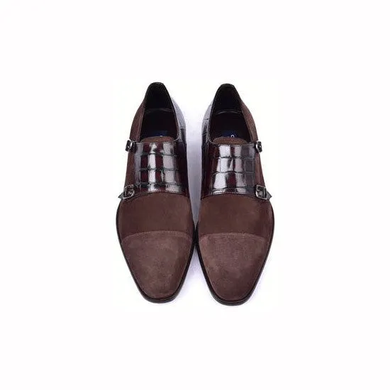 Corrente C00016-6433 Men's Shoes Brown Crocodile Print / Suede Leather Double Monk-Straps Loafers (CRT1489)