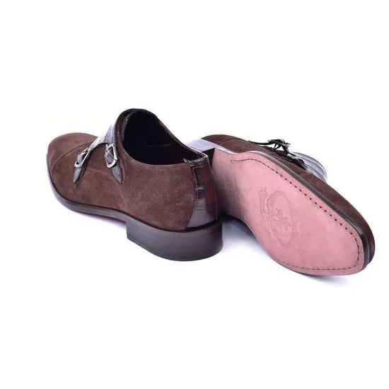 Corrente C00016-6433 Men's Shoes Brown Crocodile Print / Suede Leather Double Monk-Straps Loafers (CRT1489)