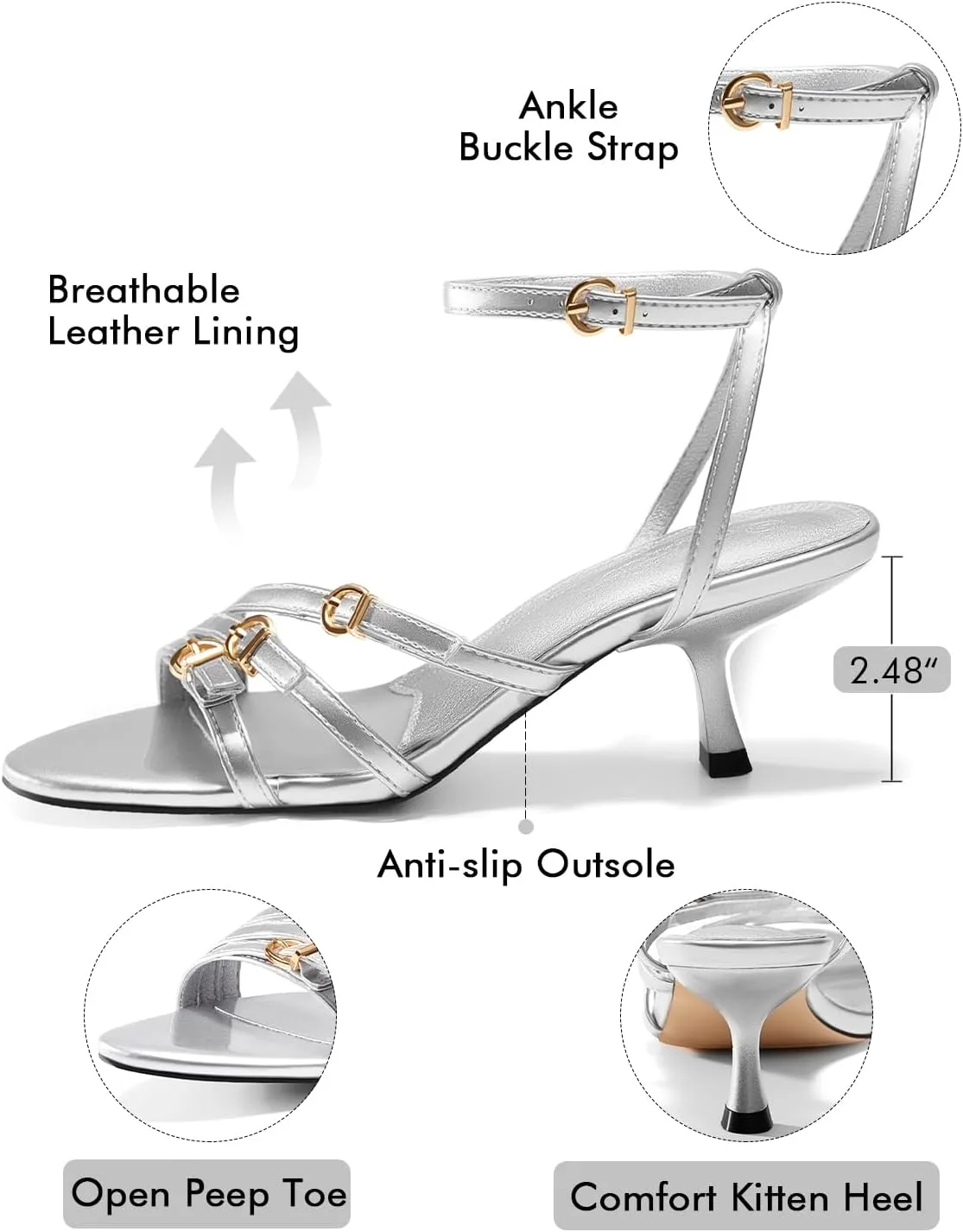 Coutgo Womens Kitten Low Heels Sandals Strappy Dress Shoes Open Toe Summer Party Wedding Shoes