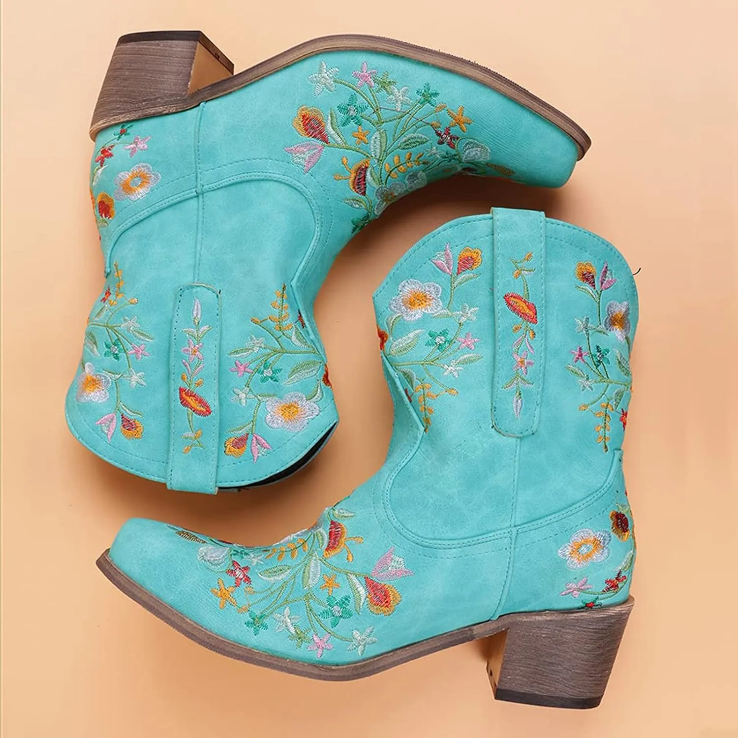 Cowboy Boots for Women Cowgirl Boots Wide Calf Chunky Heel Low Heel Pointed Toe Fashion Embroidered Pull on Boots