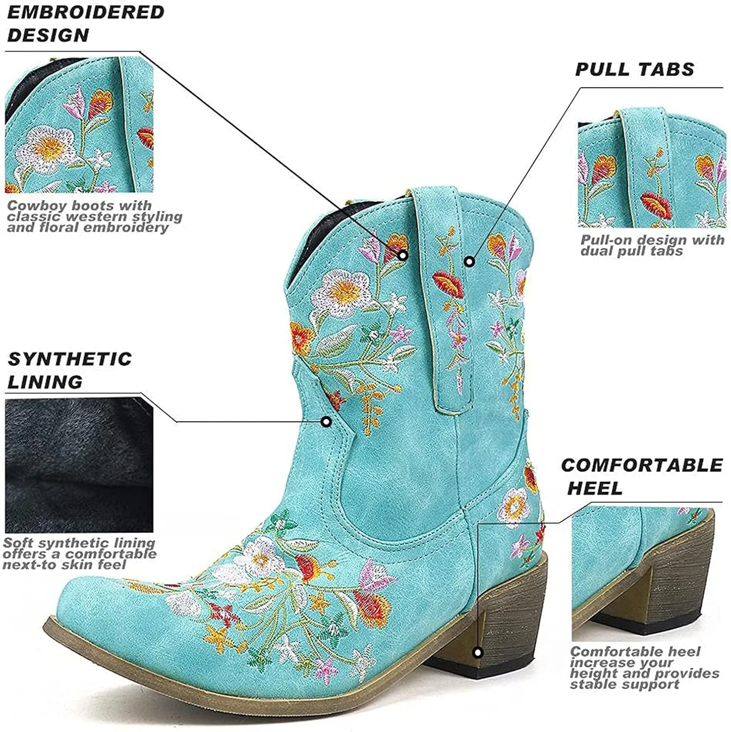 Cowboy Boots for Women Cowgirl Boots Wide Calf Chunky Heel Low Heel Pointed Toe Fashion Embroidered Pull on Boots
