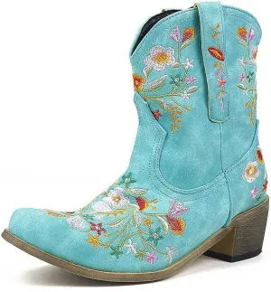 Cowboy Boots for Women Cowgirl Boots Wide Calf Chunky Heel Low Heel Pointed Toe Fashion Embroidered Pull on Boots