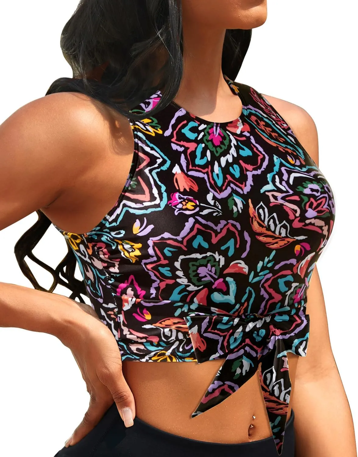 Crop Top Swim Bathing Suit - Women Bikini Swimsuit Top High Neck Bra Tie Knot Top Only 2025