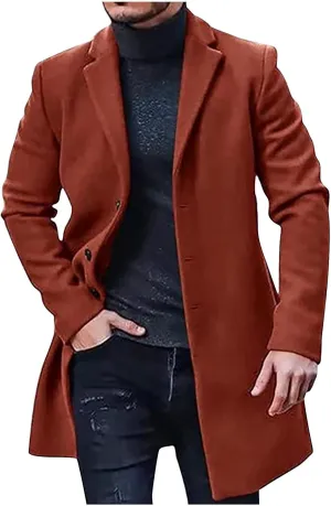 Ctreela Slim Fit Trench Coat for Men's Classic Notched Collar Overcoats Business Casual Long Jacket Coat Winter Work Wear