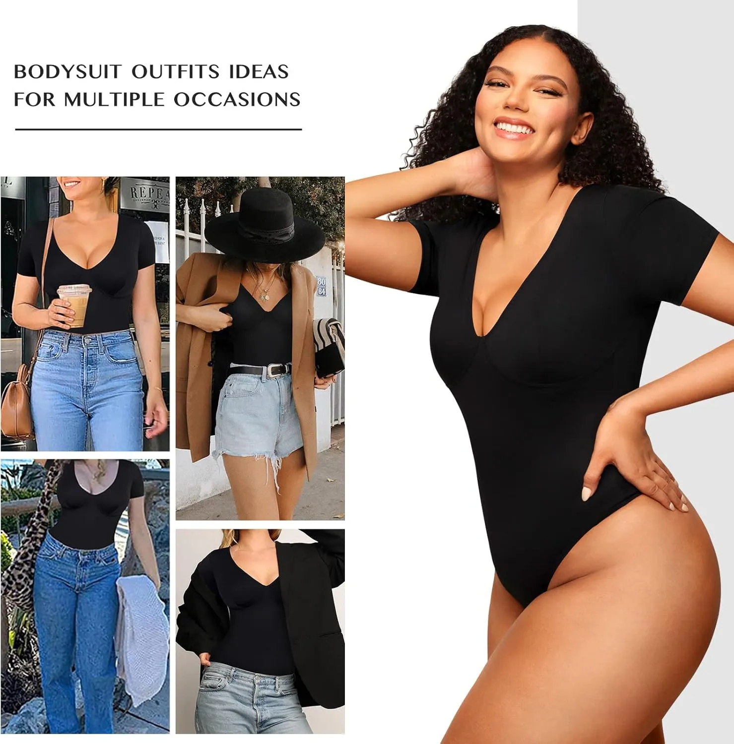 FeelinGirl Short Sleeve Bodysuit for Women Tummy Control Shapewear Going Out V Neck Shirt Slim Top