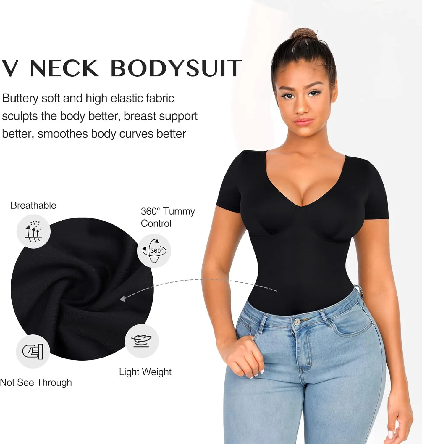 FeelinGirl Short Sleeve Bodysuit for Women Tummy Control Shapewear Going Out V Neck Shirt Slim Top