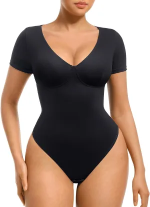 FeelinGirl Short Sleeve Bodysuit for Women Tummy Control Shapewear Going Out V Neck Shirt Slim Top