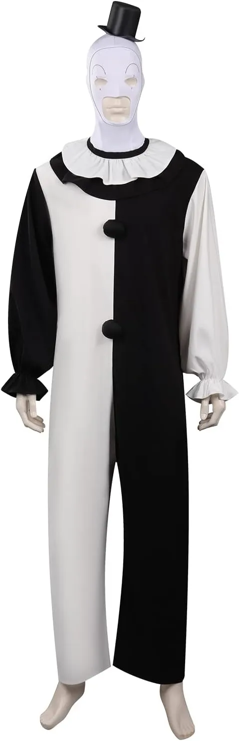 Feeriay Art Clown Cosplay Costume Outfits the Killer Art Clown Jumpsuit Bodysuit Headgear for Halloween