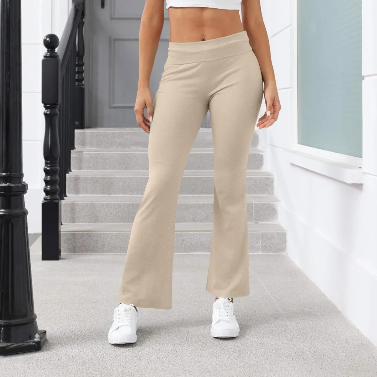 Flare Yoga Pants for Women Fold Over Cotton Stretch Low Rise Elastic Waist Pants Bootcut Leggings Bell Bottoms