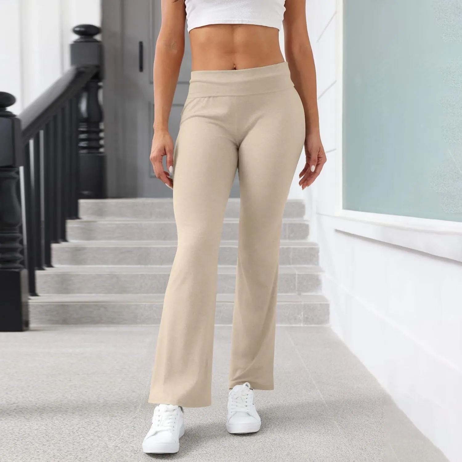 Flare Yoga Pants for Women Fold Over Cotton Stretch Low Rise Elastic Waist Pants Bootcut Leggings Bell Bottoms