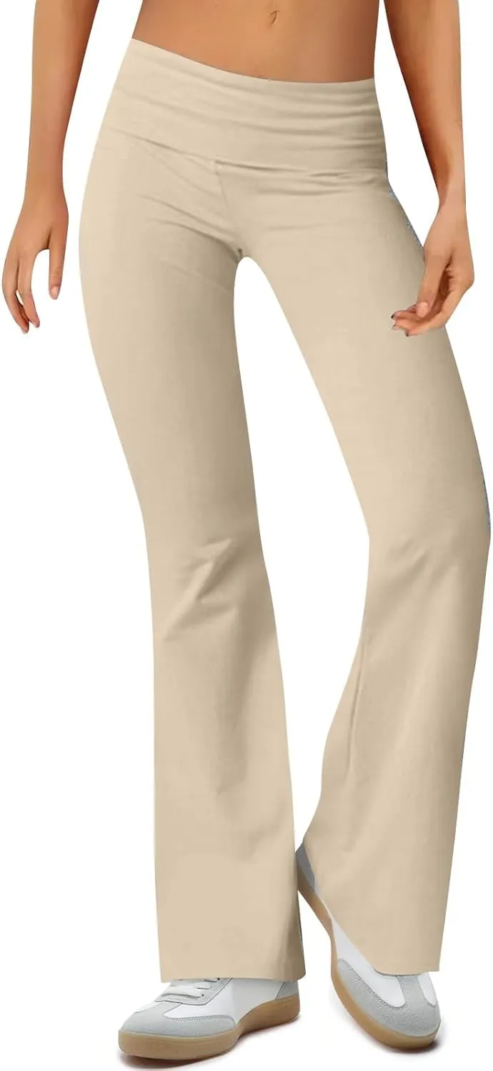 Flare Yoga Pants for Women Fold Over Cotton Stretch Low Rise Elastic Waist Pants Bootcut Leggings Bell Bottoms
