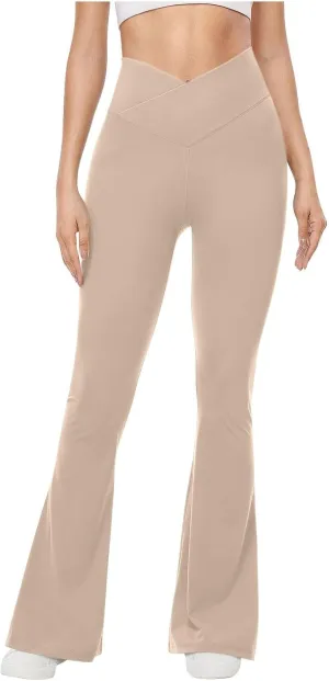 Flared Yoga Pants Women Crossover V Waist Leggings Elastic High Waisted Bootcut Bell Bottoms Stretch Workout Slim Fit Pants