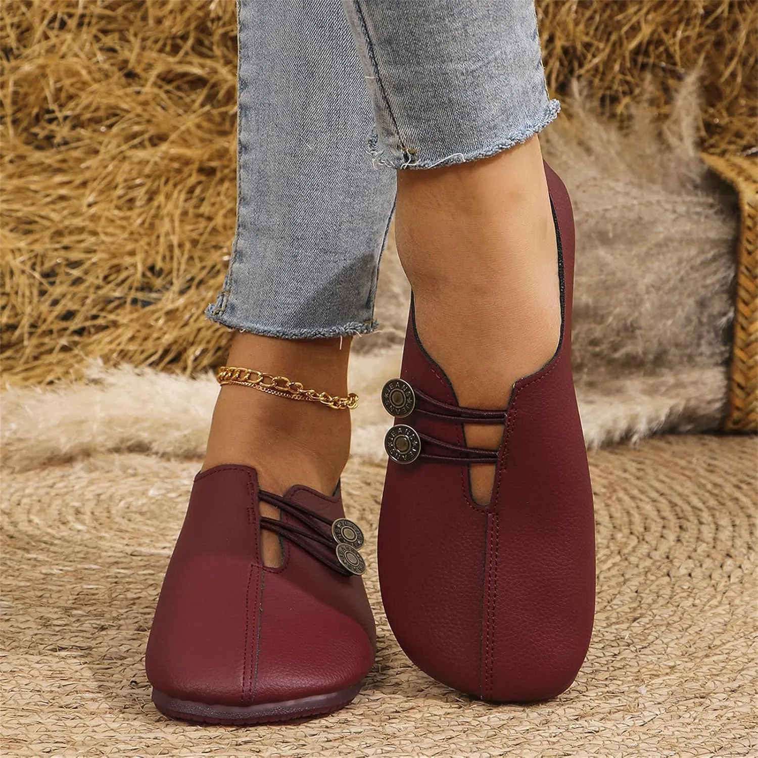 Flats for Women Elastic Button Leather Vamp Loafers Round Closed Toe Lightweight Comfortable Flat Shoes Cushion Slip-On Casual Shoes Business Work Elegance Loafers 2025