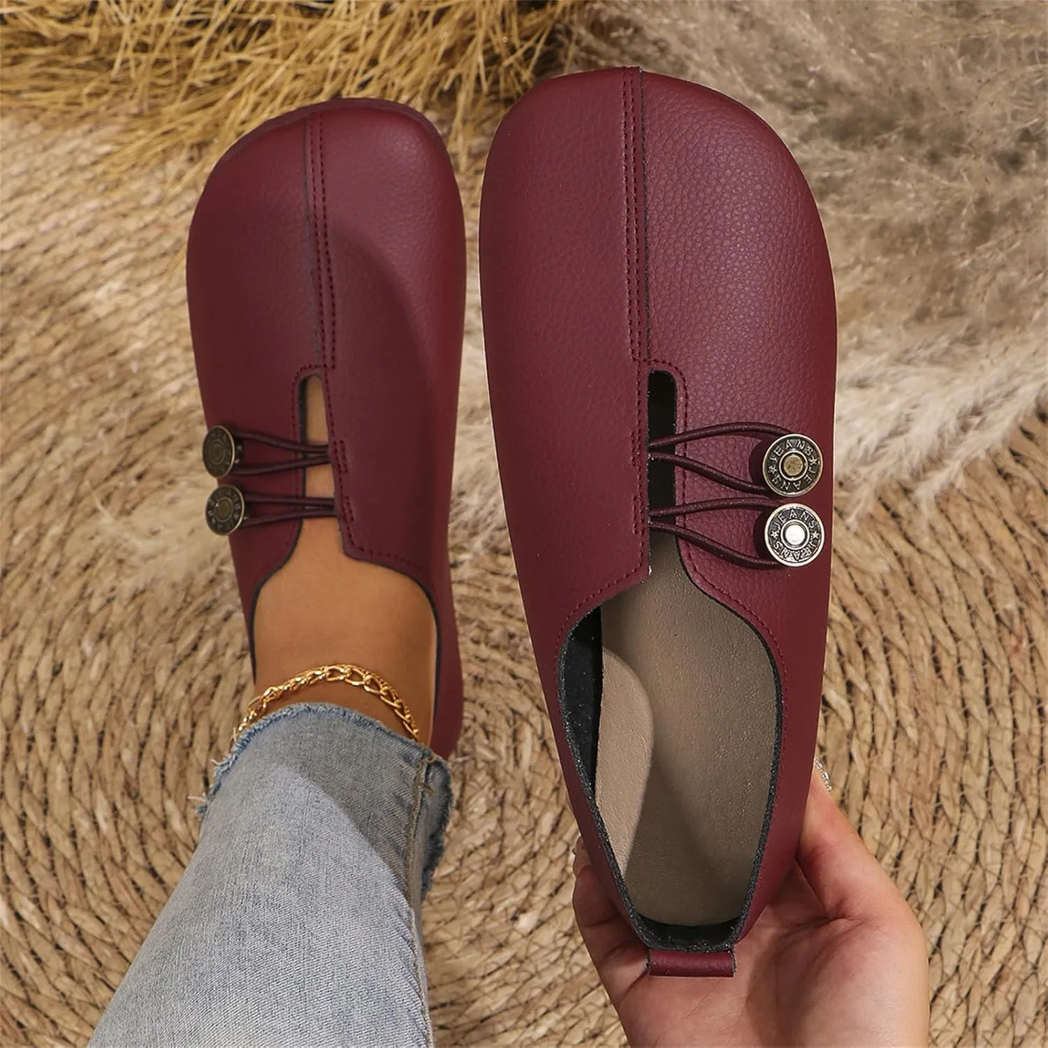 Flats for Women Elastic Button Leather Vamp Loafers Round Closed Toe Lightweight Comfortable Flat Shoes Cushion Slip-On Casual Shoes Business Work Elegance Loafers 2025