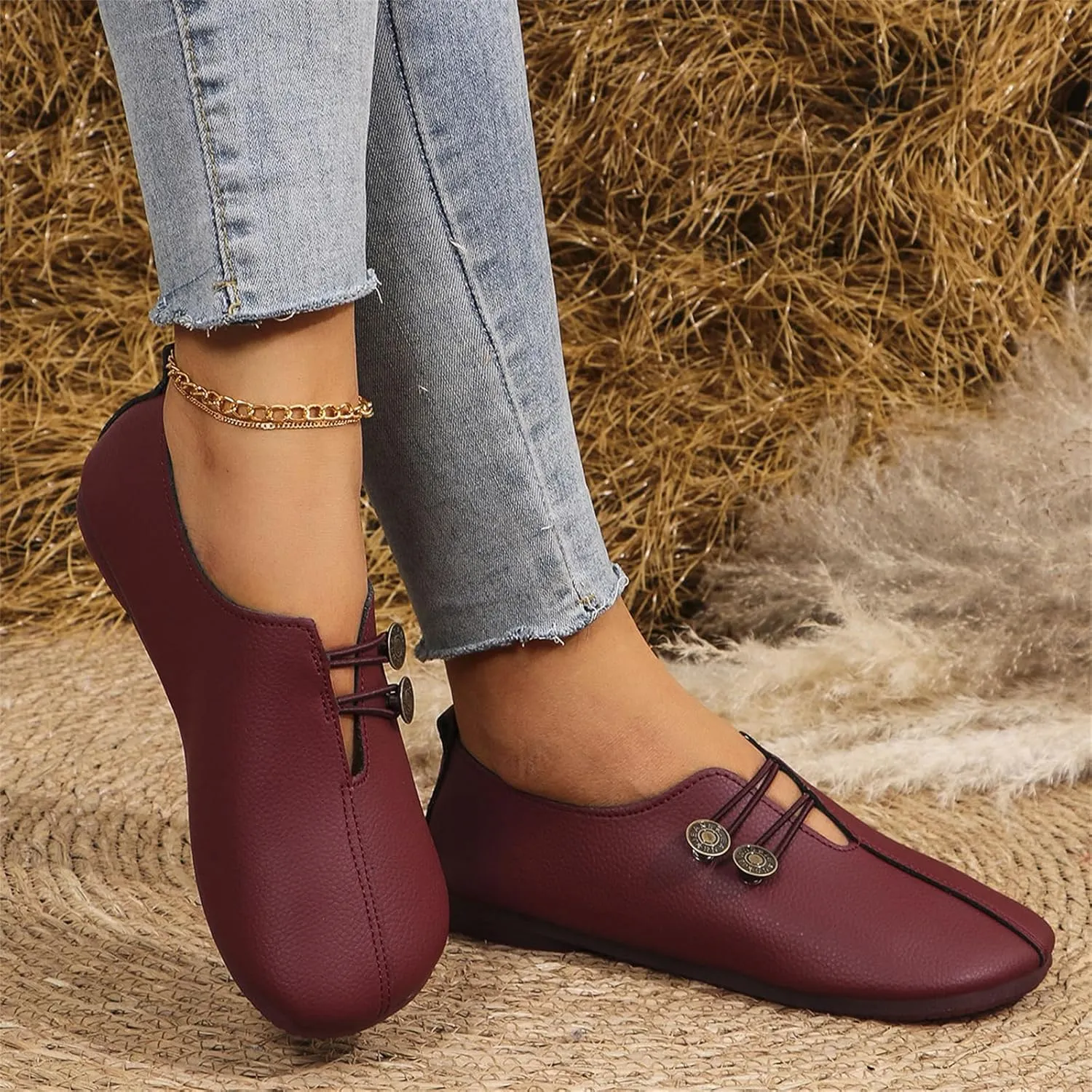 Flats for Women Elastic Button Leather Vamp Loafers Round Closed Toe Lightweight Comfortable Flat Shoes Cushion Slip-On Casual Shoes Business Work Elegance Loafers 2025