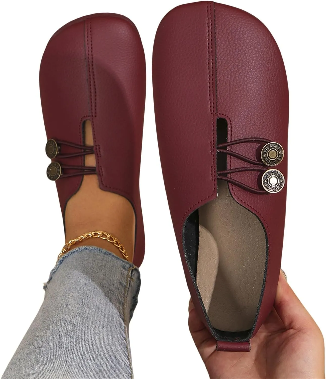 Flats for Women Elastic Button Leather Vamp Loafers Round Closed Toe Lightweight Comfortable Flat Shoes Cushion Slip-On Casual Shoes Business Work Elegance Loafers 2025