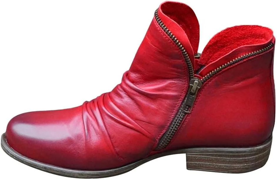 Gibobby Snow Boots for Women Low Heel Boots Pointed Toe Stacked Mid Heel Ankle Boots V Cut Back Zipper Booties