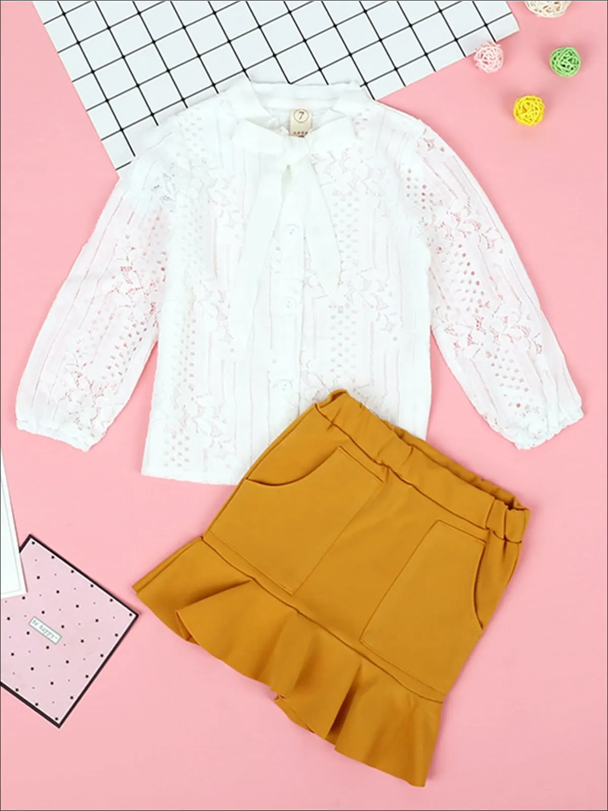 Girls White Lace Long Sleeve Bowknot Blouse And Fishtail Skirt Set